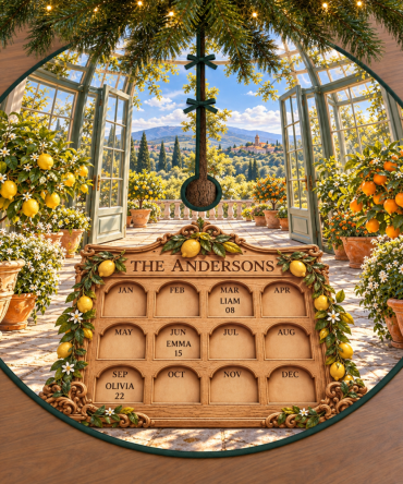 Family Birthday Conservatory Tree Skirt — Personalized Celebration Keepsake, Custom Names & Ages, Botanical Party Decor