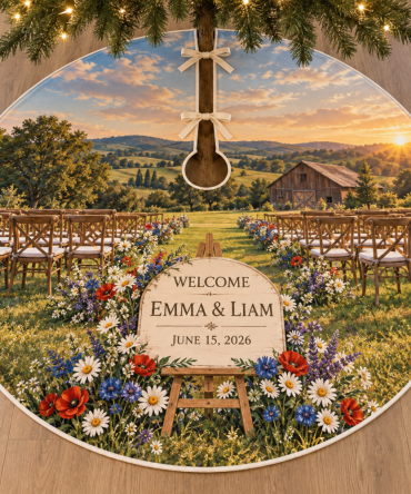 Wildflower Wedding Meadow Tree Skirt — Personalized Rustic Floral Design, Custom Names & Date, Bohemian Meadow Keepsake