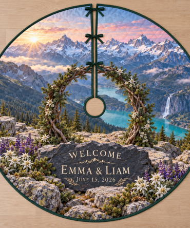 Alpine Elopement Tree Skirt — Personalized Mountain Micro-Wedding Keepsake, Custom Names & Date, Cozy Rustic Design