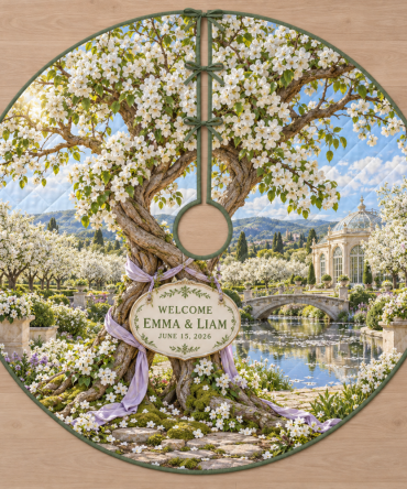 Personalized Pear Blossom Wedding Arch Christmas Tree Skirt — Custom Names & Date, Elegant Blossom Arch Keepsake Cover