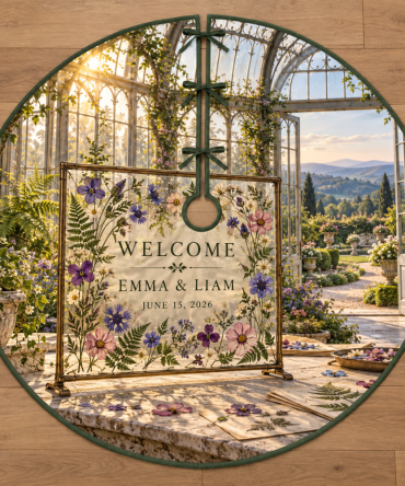 Personalized Pressed Flower Wedding Christmas Tree Skirt — Custom Couple Names & Date, Delicate Botanical Keepsake Base Cover
