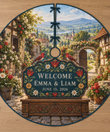 Personalized Folk Floral Wedding Christmas Tree Skirt — Custom Names & Date With Handcrafted Folk Art Blooms, Bridal Keepsake