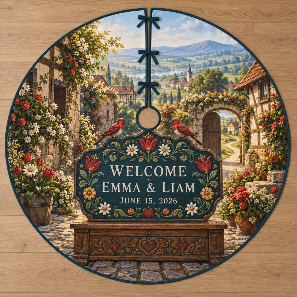 Personalized Folk Floral Wedding Christmas Tree Skirt — Custom Names & Date With Handcrafted Folk Art Blooms, Bridal Keepsake