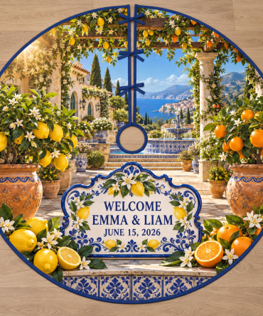Personalized Citrus Garden Wedding Christmas Tree Skirt — Custom Monogram & Date, Fresh Floral Citrus Bridal Keepsake