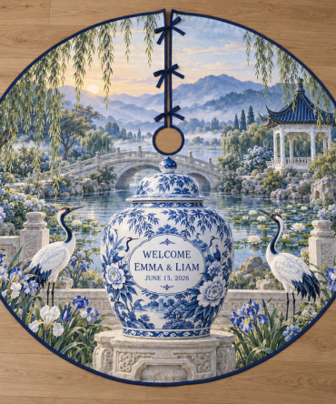 Personalized Blue Porcelain Wedding Christmas Tree Skirt — Custom Couple Names & Date, Elegant Bridal Keepsake Base Cover