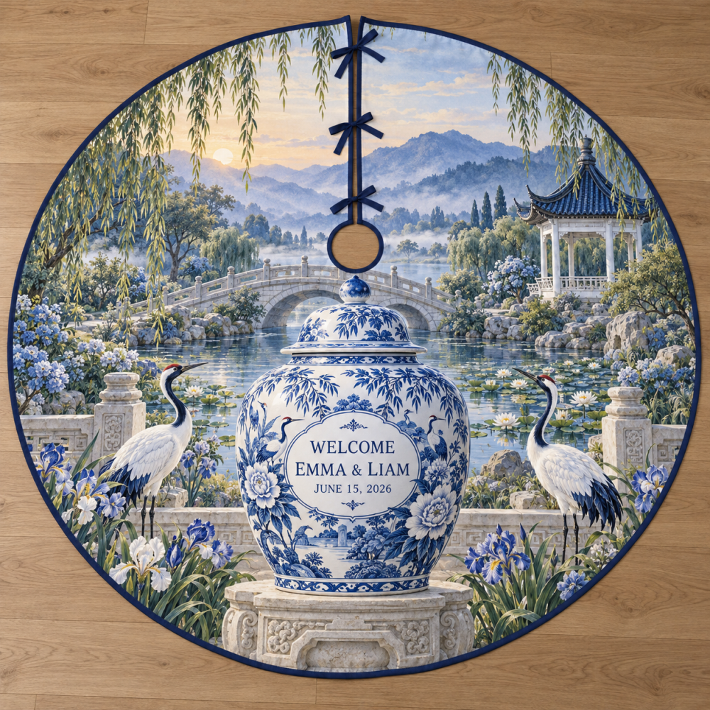 Personalized Blue Porcelain Wedding Christmas Tree Skirt — Custom Couple Names & Date, Elegant Bridal Keepsake Base Cover
