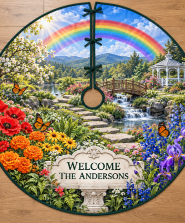 Personalized Rainbow Garden Welcome Christmas Tree Skirt — Custom Name & Message, Bright Floral Festive Tree Collar