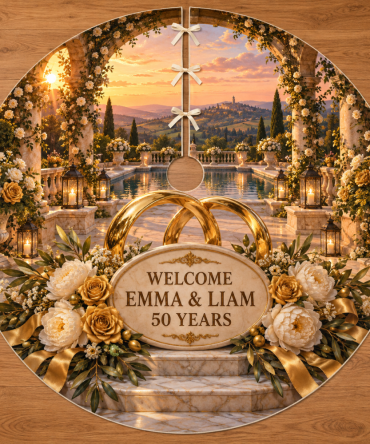 Personalized Golden Anniversary Welcome Christmas Tree Skirt — Custom Names & Date With Luxurious Gold Embroidery
