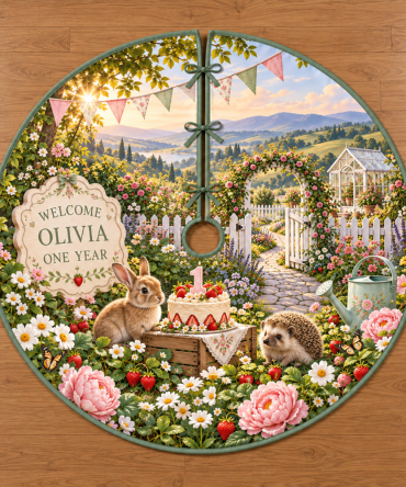 Personalized First Birthday Garden Keepsake Christmas Tree Skirt — Custom Name & Date, Soft Floral Memory Tree Collar