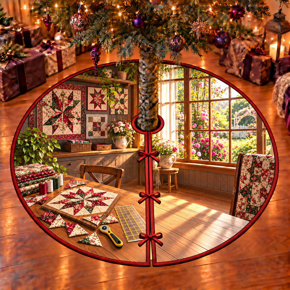 Patchwork Star Quilting Tree Skirt — Garden Window Quilted Holiday Skirt, Patchwork Quilt Décor For Quilters & Cozy Homes