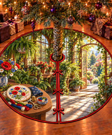 Conservatory Meadow Embroidery Tree Skirt — Hand-Embroidered Floral Holiday Skirt, Elegant Conservatory Décor For Craft Lovers