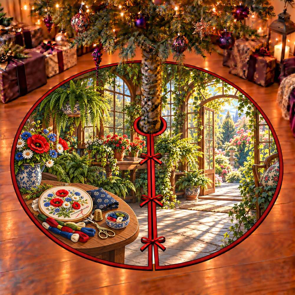 Conservatory Meadow Embroidery Tree Skirt — Hand-Embroidered Floral Holiday Skirt, Elegant Conservatory Décor For Craft Lovers