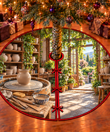 Pottery Wheel Garden Window Tree Skirt — Ceramic Studio Holiday Skirt, Pottery-Themed Décor For Makers And Clay Artists