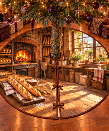 Artisan Baguette & Brick Oven Christmas Tree Skirt — Rustic Bakery Holiday Tree Mat, Kitchen-Themed Round Skirt For Foodies & Bakeries
