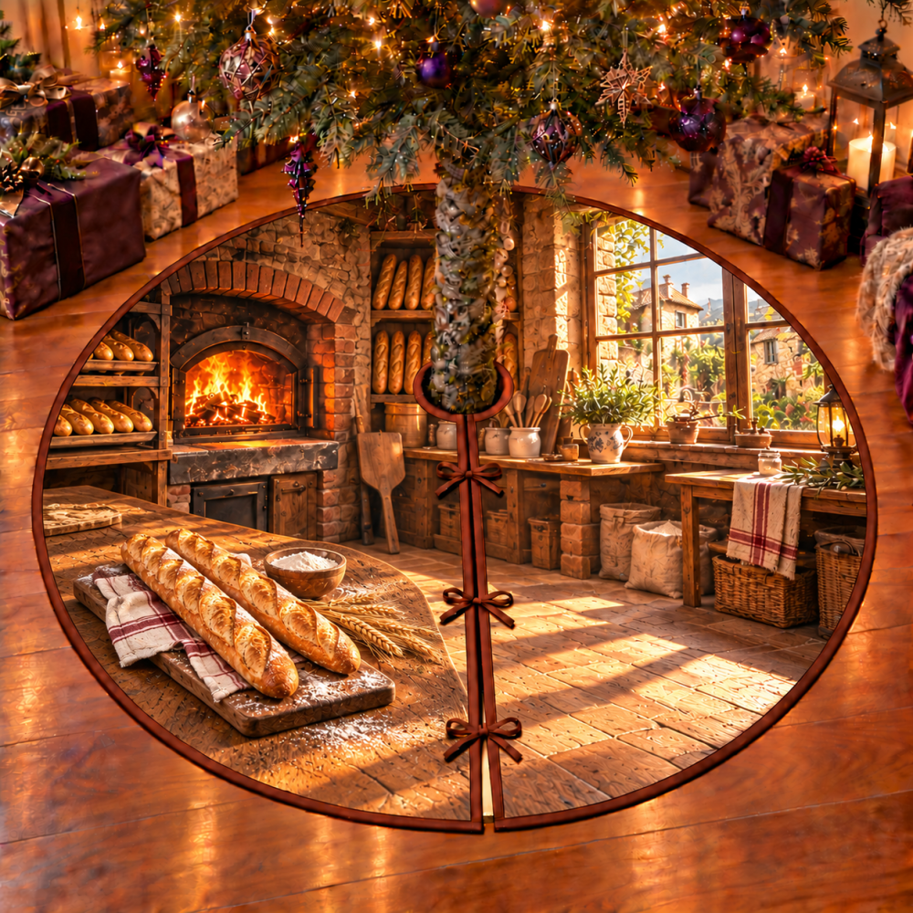 Artisan Baguette & Brick Oven Christmas Tree Skirt — Rustic Bakery Holiday Tree Mat, Kitchen-Themed Round Skirt For Foodies & Bakeries