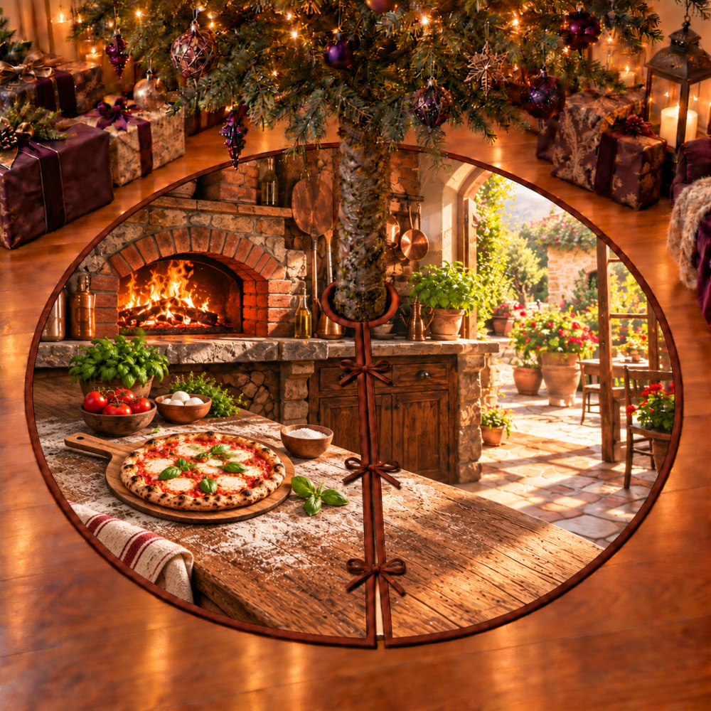 Brick Oven Pizza Night Holiday Tree Skirt — Pizzeria Style Christmas Tree Mat, Fun Kitchen-Themed Round Skirt For Food Lovers & Parties