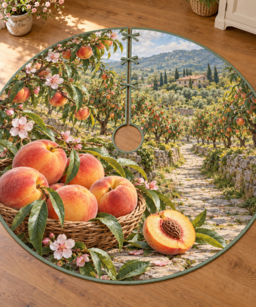 Peach Orchard Harvest Path Holiday Tree Skirt — Soft Peach Tones, Orchard Motif Plush Christmas Tree Base Cover, Rustic Elegance