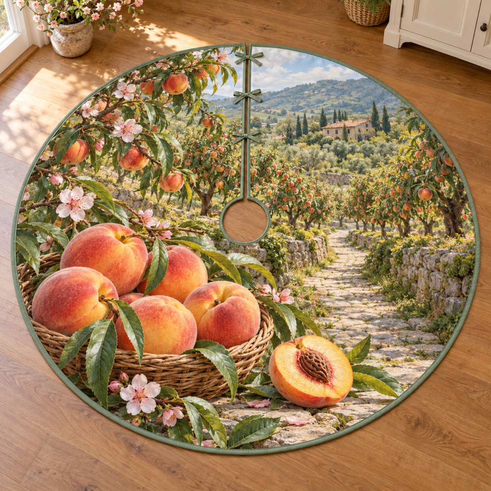 Peach Orchard Harvest Path Holiday Tree Skirt — Soft Peach Tones, Orchard Motif Plush Christmas Tree Base Cover, Rustic Elegance