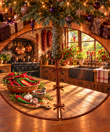 Rustic Chili Pepper Kitchen Holiday Tree Skirt — Spicy Farmhouse Christmas Tree Mat, Cotton-Look Round Skirt For Country Kitchen Decor