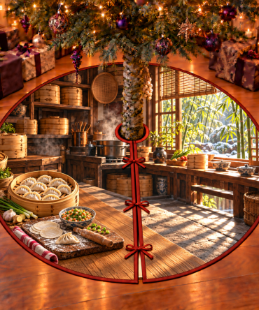 Dumpling Making Bamboo Kitchen Tree Skirt — Asian Kitchen Holiday Skirt, Dumpling-Themed Bamboo Décor For Home Cooks & Culinary Rooms