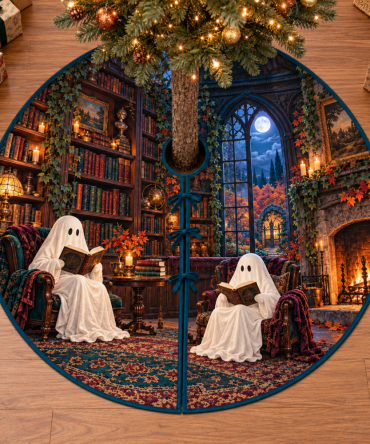 Ghost Reading Club Library Tree Skirt — Cozy Moonlit Library Halloween Mat With Playful Ghosts, Bookish Holiday Decor