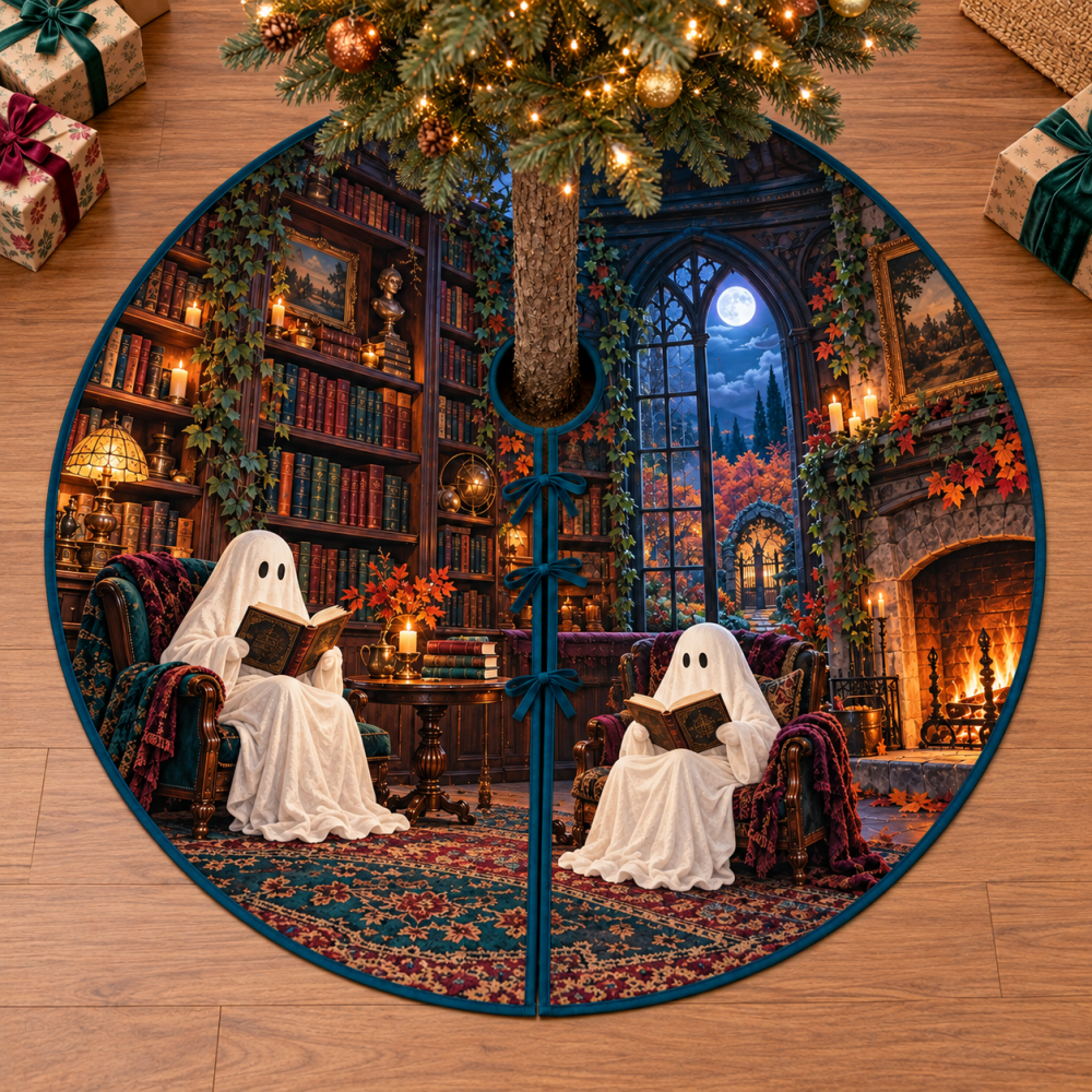 Ghost Reading Club Library Tree Skirt — Cozy Moonlit Library Halloween Mat With Playful Ghosts, Bookish Holiday Decor