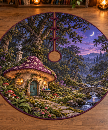 Mushroom Witch Cottage Tree Skirt — Storybook Fungi & Witchy Cottage Scene For Whimsical Halloween And Autumn Holiday Displays