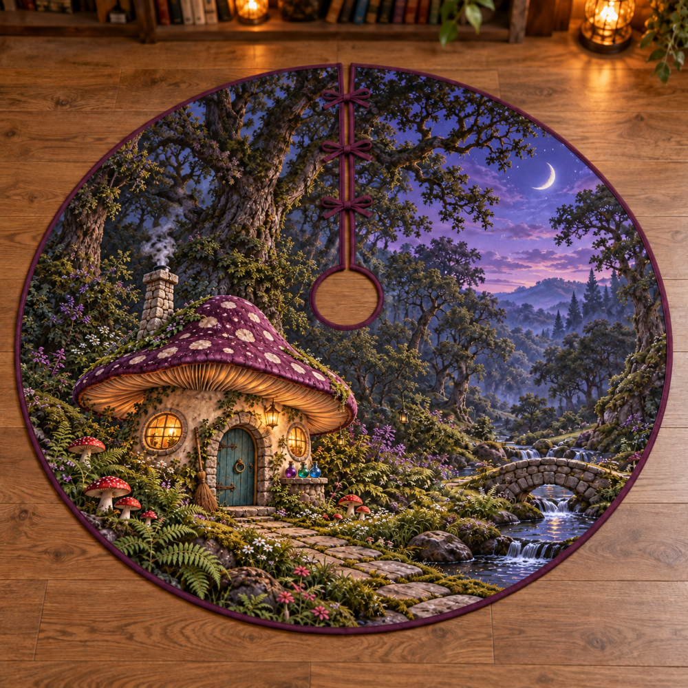Mushroom Witch Cottage Tree Skirt — Storybook Fungi & Witchy Cottage Scene For Whimsical Halloween And Autumn Holiday Displays