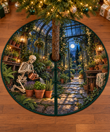 Skeleton Gardener Greenhouse Tree Skirt — Whimsical Moonlit Plant Shop Holiday Mat, Halloween Garden Party Decor
