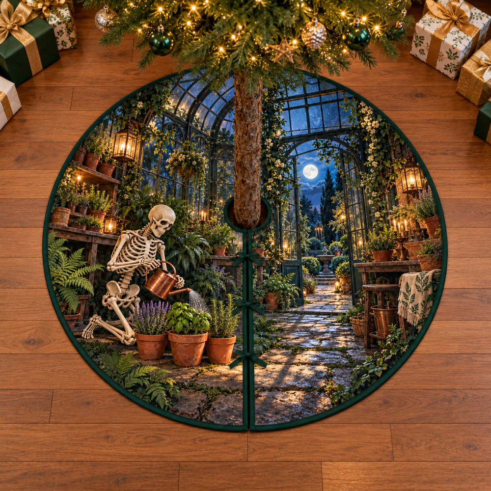 Skeleton Gardener Greenhouse Tree Skirt — Whimsical Moonlit Plant Shop Holiday Mat, Halloween Garden Party Decor