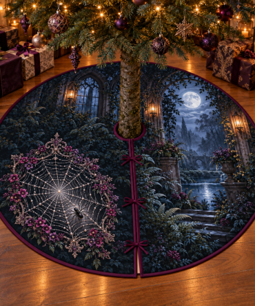 Moonlit Spiderweb Lace Tree Skirt — Elegant Gothic Halloween & Autumn Mat With Intricate Lace Web Motif For Dramatic Decor
