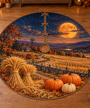Harvest Moon Wheat Field Christmas Tree Skirt — Plush Rustic Holiday Tree Base Cover, Farmhouse Décor, Reversible