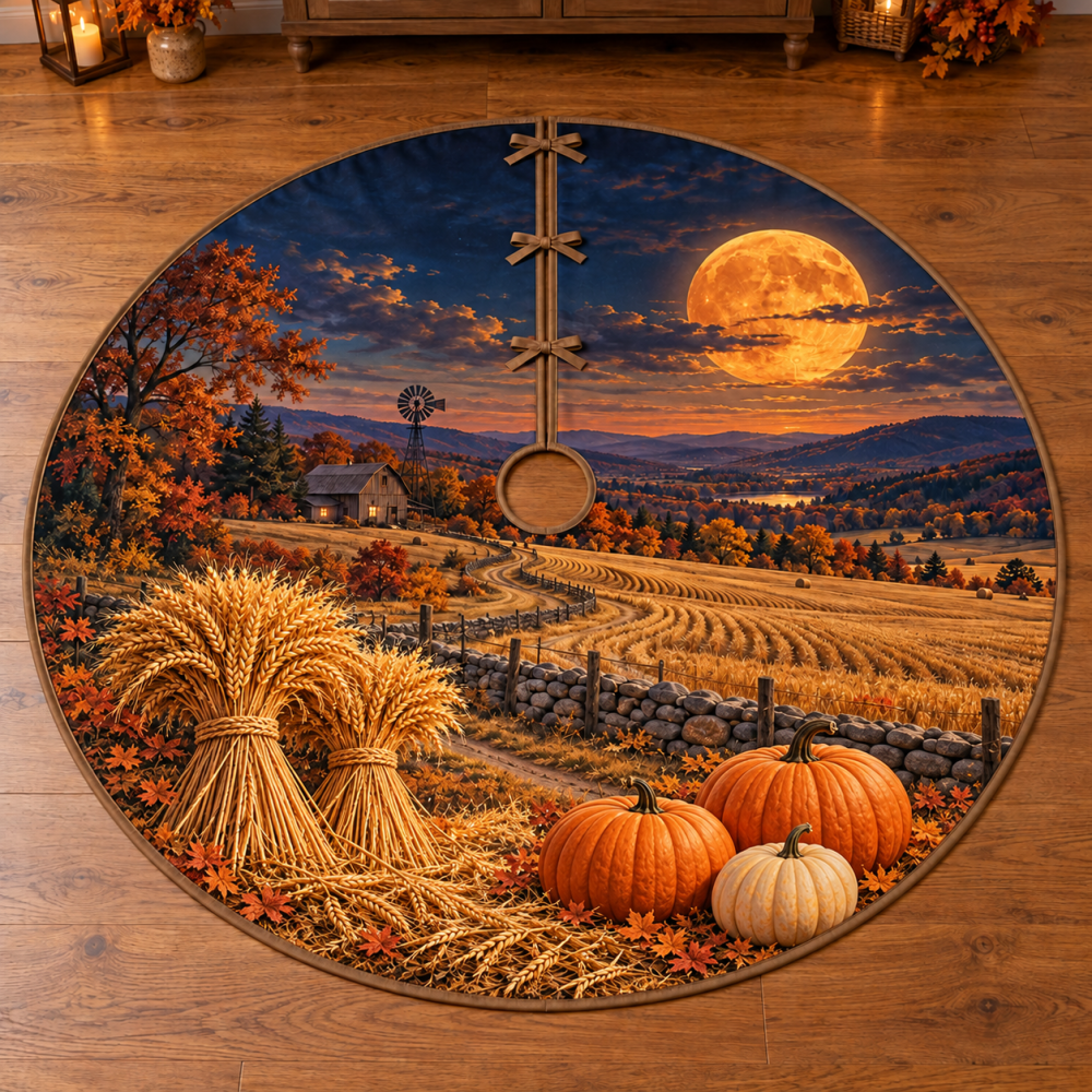 Harvest Moon Wheat Field Christmas Tree Skirt — Plush Rustic Holiday Tree Base Cover, Farmhouse Décor, Reversible