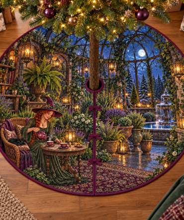 Witch Tea Party Conservatory Tree Skirt — Enchanting Moonlit Tea Party Design For Halloween & Fall, Premium Holiday Mat