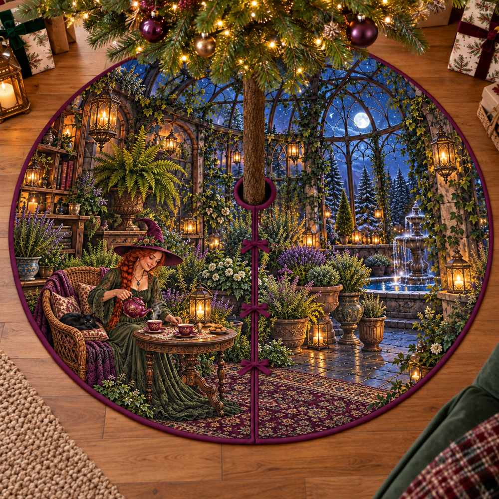 Witch Tea Party Conservatory Tree Skirt — Enchanting Moonlit Tea Party Design For Halloween & Fall, Premium Holiday Mat