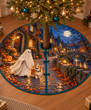 Ghost Dog Walker Village Tree Skirt — Charming Moonlit Village Scene With Canine Companions For Halloween & Fall Display
