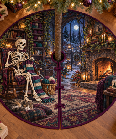 Skeleton Knitting Cottage Tree Skirt — Cozy Spooky Cottage Scene With Crafting Skeleton For Unique Halloween & Fall Styling
