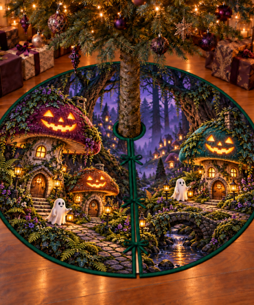 Spooky Mushroom Lantern Village Holiday Tree Skirt — Enchanted Fungi Halloween Christmas Tree Mat, Gothic Fairytale Round Skirt For Seasonal Decor