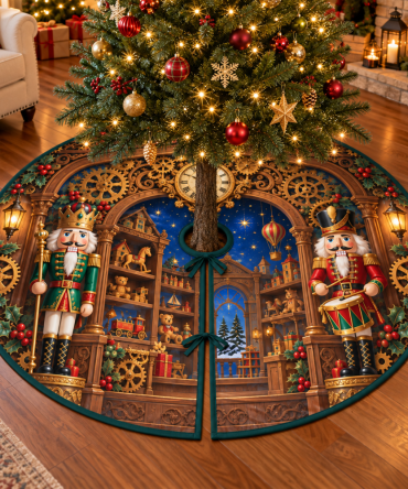 Nutcracker Clockwork Toyshop Christmas Tree Skirt — Playful Vintage Toyshop Scene, Heavy-Duty Decorative Tree Collar