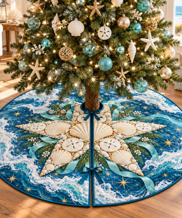 Coastal Seashell & Christmas Star Tree Skirt — Beach Holiday Décor, Nautical Quilted Tree Skirt For Coastal Homes & Seaside Cabins