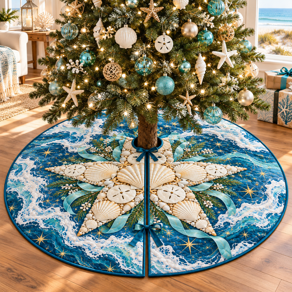 Coastal Seashell & Christmas Star Tree Skirt — Beach Holiday Décor, Nautical Quilted Tree Skirt For Coastal Homes & Seaside Cabins