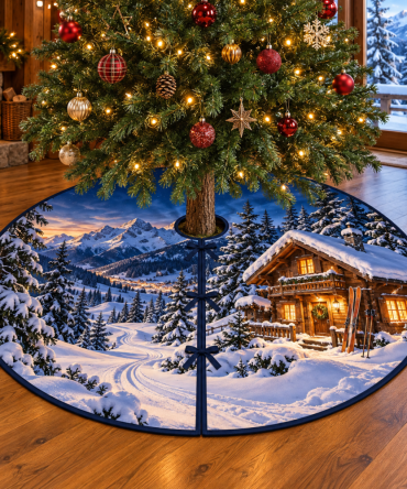 Alpine Ski Chalet Trail Christmas Tree Skirt — Mountain Lodge Skiing Motif, Heavy Quilted Winter Holiday Skirt For Cabin & Chalet Decor