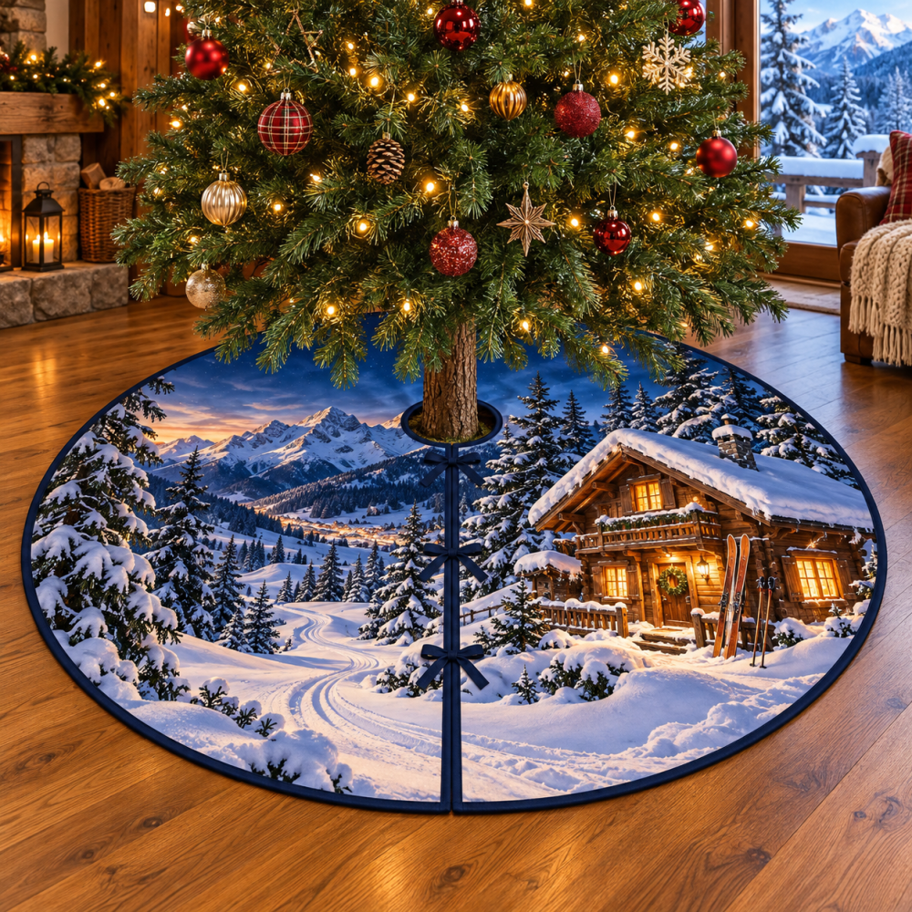 Alpine Ski Chalet Trail Christmas Tree Skirt — Mountain Lodge Skiing Motif, Heavy Quilted Winter Holiday Skirt For Cabin & Chalet Decor