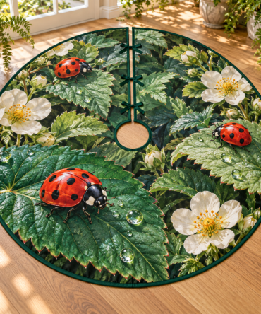 Ladybug Dewdrop Leaf Garden Christmas Tree Skirt — Charming Ladybug & Leaf Motif, Bright Pastel Plush Tree Base Cover For Kids & Family