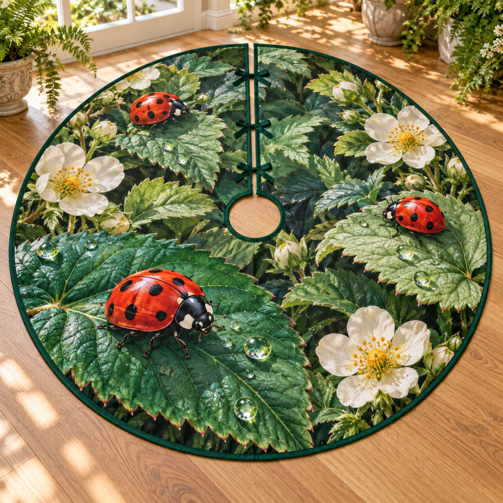 Ladybug Dewdrop Leaf Garden Christmas Tree Skirt — Charming Ladybug & Leaf Motif, Bright Pastel Plush Tree Base Cover For Kids & Family
