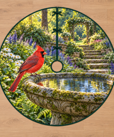 Classic Cardinal Birdbath Christmas Tree Skirt — Traditional Red Cardinal Garden Scene, Heavy Quilted Holiday Tree Skirt For Mantels