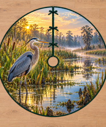 Elegant Blue Heron Christmas Tree Skirt — Premium Reed Marsh Bird Art, Soft Quilted Holiday Tree Skirt For Living Rooms & Mantels