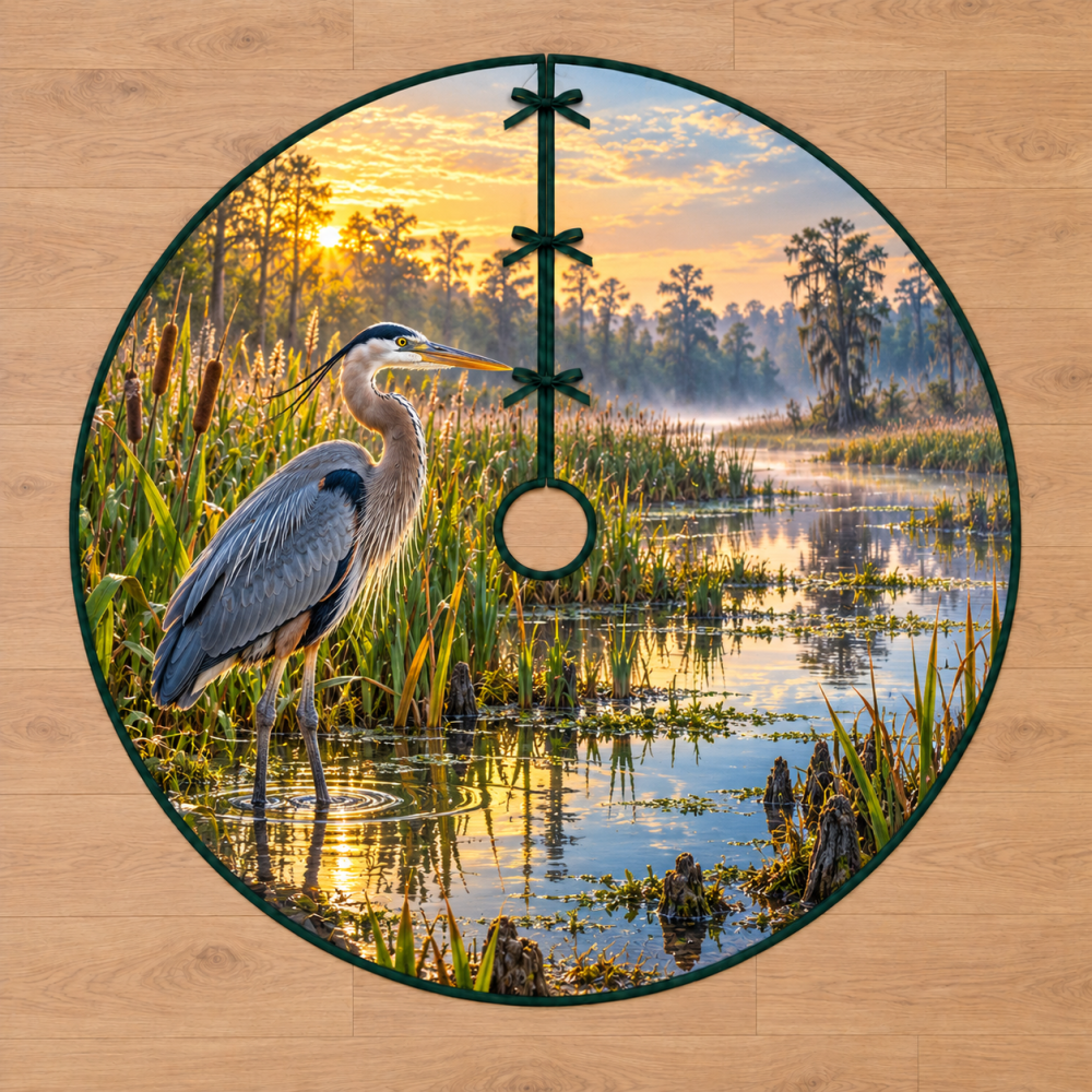 Elegant Blue Heron Christmas Tree Skirt — Premium Reed Marsh Bird Art, Soft Quilted Holiday Tree Skirt For Living Rooms & Mantels