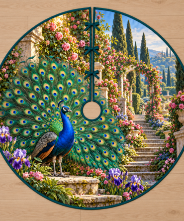 Luxurious Peacock Rose Garden Christmas Tree Skirt — Opulent Peacock Feathers & Rose Motif, Satin-Trim Quilted Holiday Skirt