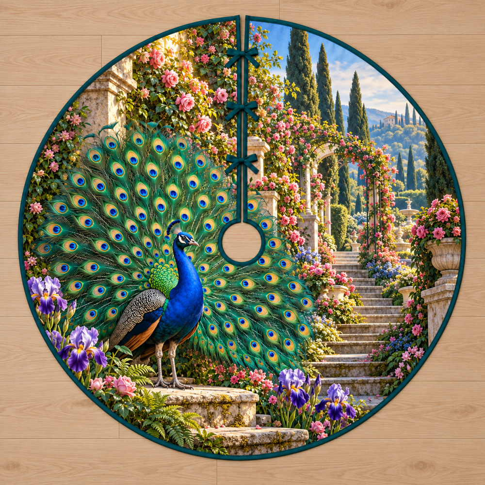 Luxurious Peacock Rose Garden Christmas Tree Skirt — Opulent Peacock Feathers & Rose Motif, Satin-Trim Quilted Holiday Skirt